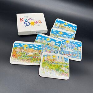 Vintage Coasters Ken Done 1980s Set Of 6 Australia City Cork Back Original Box